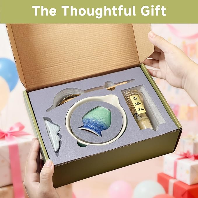 Matcha Whisk Set with Ceramic Bowl - Bamboo Whisk (Chasen), Scoop, Sifter & Holder - Complete Kit for Traditional Matcha Tea - Unique Gifts for Tea Lovers (Kiln-Frost)