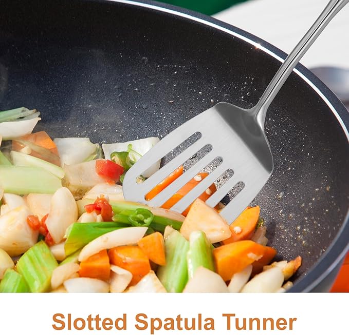 304 Stainless Steel Kitchen Utensils Set, 2 Pcs Long Metal Utensils Set with Spatula, Slotted Spatula Turner (Dishwasher Safe)