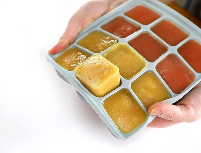 Baby Food Storage Silicone Cubes with Clip-On Lid Freezer Tray Baby Food Soups Purees Ice Safe Design Made in Korea(12cubes 1.5oz, Ocean Blue Set of 2)