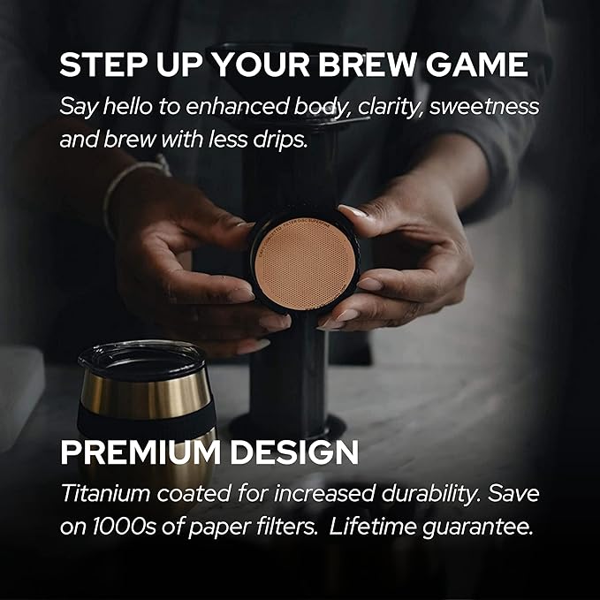 Filter for use in AeroPress Go/AeroPress Coffee Makers (Superfine) - Premium Replacement Disc - Reusable Metal, Titanium Coated Stainless Steel. Upgrade Your Mesh or Filter Papers