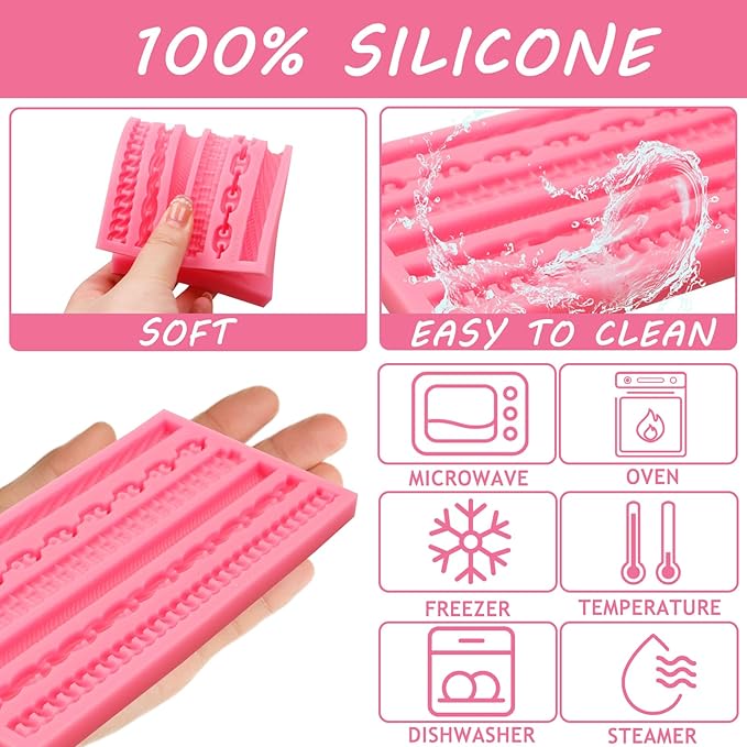 Chain and Rope Pattern Silicone Mold, 6 Designs, Pink Fondant Decorating Tool