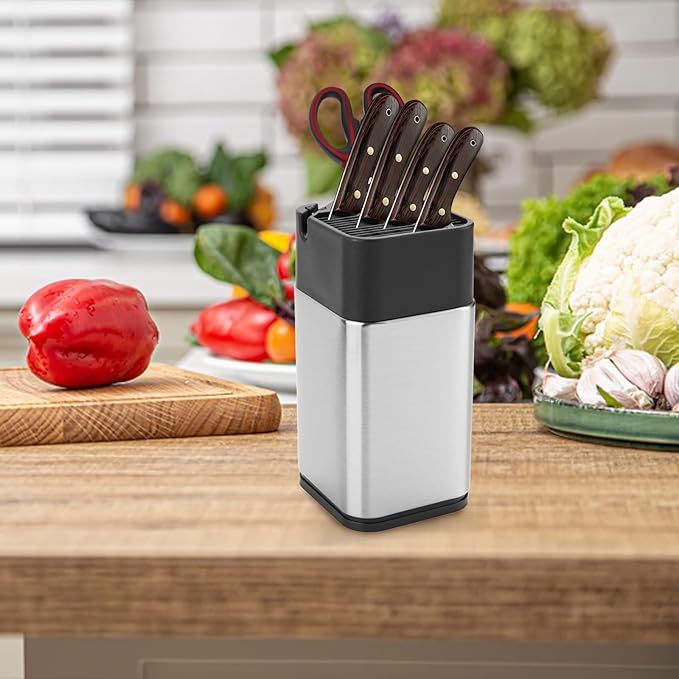 Universal Knife Block, Stainless Steel Knife Holder without Knife Including Sharpening Edges and Scissor Sockets Multifunctional Knife Holder Knife Block Holder