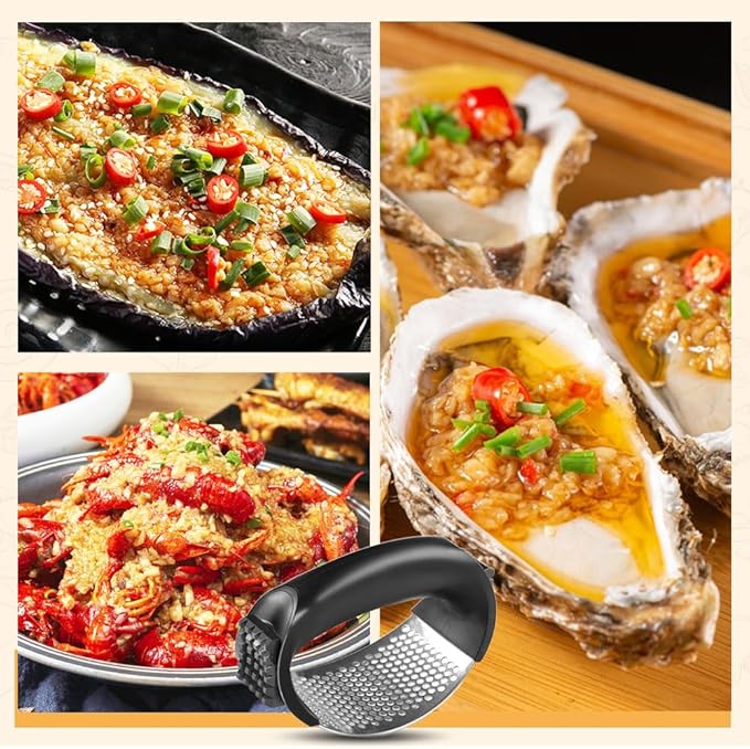 Stainless Steel Garlic Press Rocker, 2025 New Garlic Mincer and Garlic Crusher, Easy-Squeeze Garlic Tool with Peeler and Cleaning Brush for Smashing Garlic (3 Set)