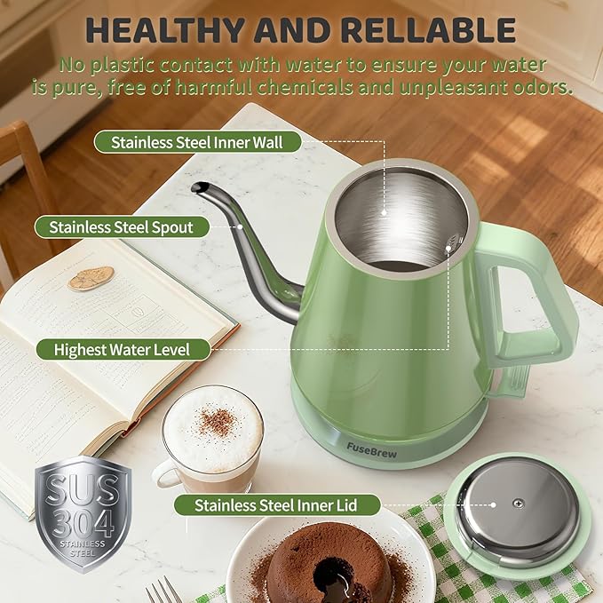 Gooseneck Electric Kettle(0.8L),1200 Watts Fast Boiling,Stainless Steel BPA Free,Automatic Shut Off,Pour Over Kettle for Coffee & Tea- Green