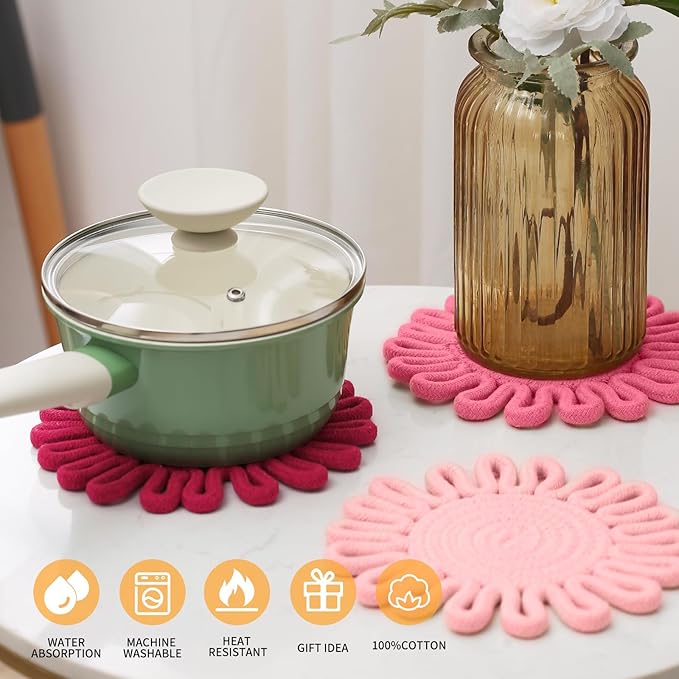 Trivets for Hot Pots and Pans, Trivets for Hot Dishes,Potholders for Kitchen,Hot Pads Hot Mats,Table Decorations,Set of 3, 100% Cotton,7.5"(Pink)
