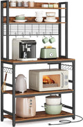 VASAGLE Hutch Bakers Rack with Power Outlet, 14 Hooks Microwave Stand, Adjustable Coffee Bar with Metal Wire Panel, Kitchen Storage Shelf, 15.7 x 31.5 x 66.9 Inches, Rustic Brown and Black UKKS025B01
