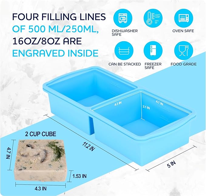 Silicone freezer molds, 2-cup Silicone Freezer Trays with Lid,Soup Freezer Container large Ice Cube Molds, Perfect for Storing Lasagna, Leftovers, Sauces, Portioned Meals and More dishwasher safe