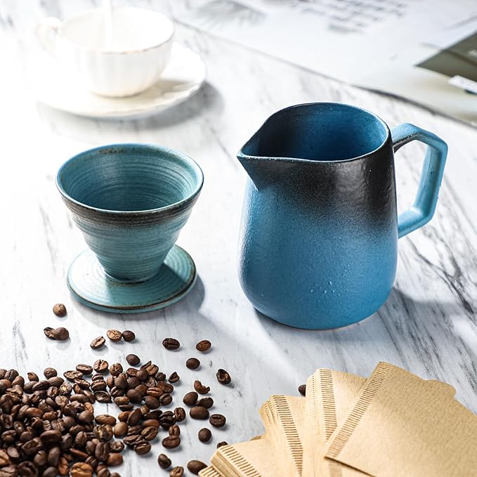 Pour Over Coffee Maker, Blue Ceramic Coffee Dripper 20oz/620ml, with 50 pcs V60 Paper Filter, Drip Coffee Brewer for Home & Café Enthusiasts, Vintage-Style