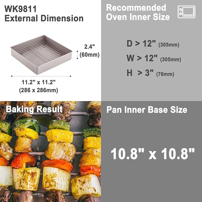 CHEFMADE Roasting Pan with Rack, 11-Inch Non-Stick Square Deep Dish Cake Pan with Wire Rack for Oven Baking, BBQ, Jelly Roll and Roasting 11.2" x 11.2" x 2.4" (Champagne Gold)