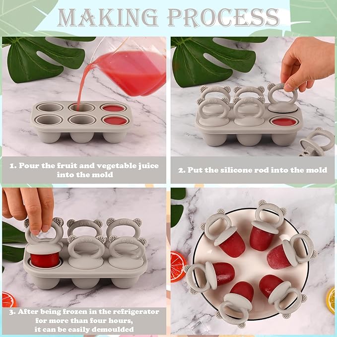 Sakolla Baby Popsicle Molds Mini 6-Cavity Silicone Ice Pop Mold with Sticks Breastmilk Popsicle Molds for Teething Relief Toddler Popsicle Mold for Ice Cream Frozen Yogurt and Fruit Juice (Grey)