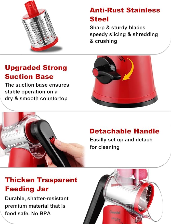 Geedel Rotary Cheese Grater Cheese Shredder with 5 Interchangeable Blades - Upgraded Rotary Grater Featuring Strong Suction Base for Cheese Shredding, Wavy Slicing, Nut Grinding, and Ice Shaving
