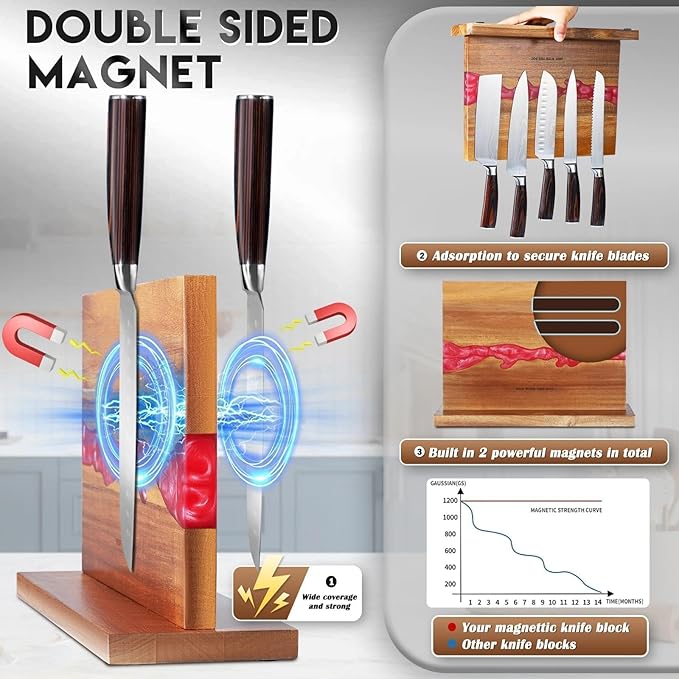 MEN WITH THE POT Magnetic Knife Holder 13 x 10 Inches, Multifunctional Double Sided Magnetic Knife Block Rack, Wood & Red Epoxy Universal Magnetic Knife Storage Stand for Kitchen Counter