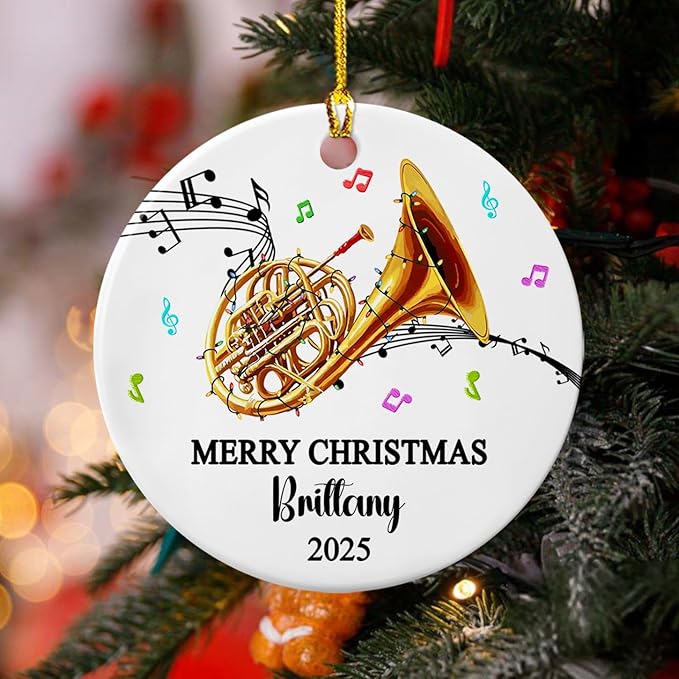 Custom Text Year Name French Horn Player Ceramic Ornament, Personalized French Horn Instrument Xmas Ornaments Gift for Daughter Son Brother Sister, Unique Musical Instrument Lover Christmas Ornament