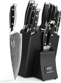 Damascus Kitchen Knife Set with Block – Razor Sharp 67-Layer VG10 Steel, Triple Rivet Handles, Chef, Santoku, Utility, Bread & Paring Knives, Sharpener, Shears, Black, 9PCS