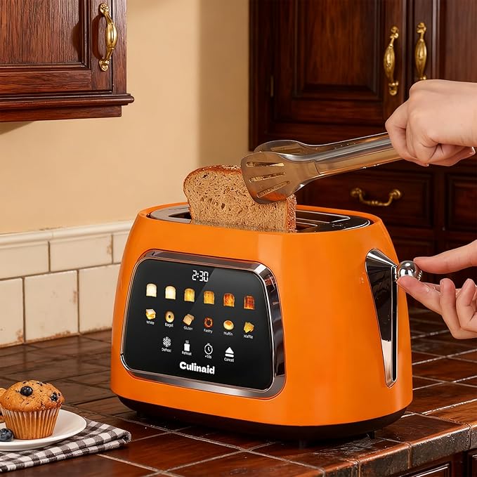 Toaster 2 Slice Smart Touch Screen, Retro 1.5'' Extra Wide Slot Stainless Steel Digital Bread Toaster with Memory Function, Bagel, Defrost, 6 Browning Level and Removable Crumb Tray, Orange