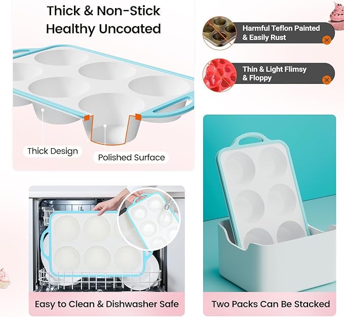 Silicone Jumbo Muffin Pan with Metal Frame, Non Stick Food Grade Silicone Large Muffin Pan, with Handles 6 Cup,BPA-Free and Dishwasher Safe, Jumbo Cupcake Pans - 2 Piece Blue