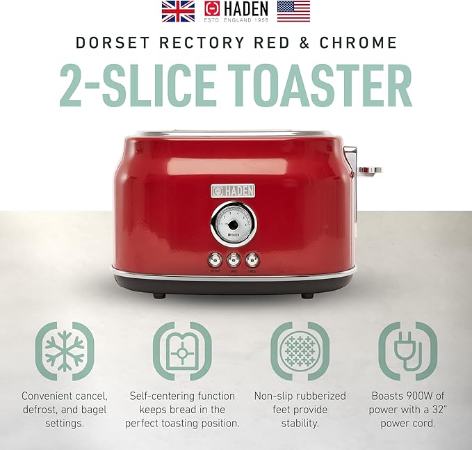 Haden Dorset 2 Slice Wide Slot Stainless Steel Toaster with Adjustable Browning Control & Non-Slip Feet, Rectory Red