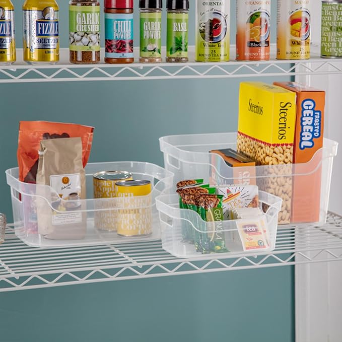 Sterilite 7 x 11 x 14.25 Inch Polished Open Scoop Front Storage Bin with Comfortable Carry Through Handles for Household Organization, Clear (24 Pack)