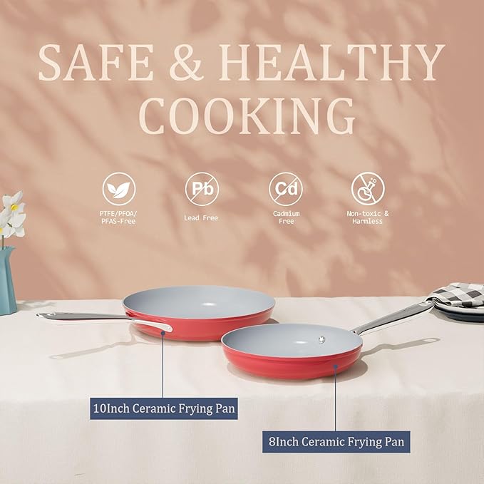 Nonstick Ceramic Frying Pan 8" for All Cooktops, PTFE/PFOA/PFAS Free, Even Heat Distribution Oven Safe to 500°F, Healthy Non Toxic Skillet w/Ergonomic Stainless Steel Handle, Fusion Red