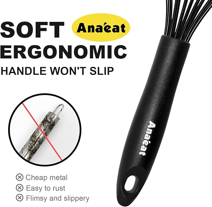 Anaeat 9" Silicone Balloon Whisk, Perfect for Non-Stick Cookware, Milk and Egg Beater Blender, Heat Resistant Kitchen Whisks for Whisking, Cooking, Baking, Beating, Frothing & Stirring (Black)