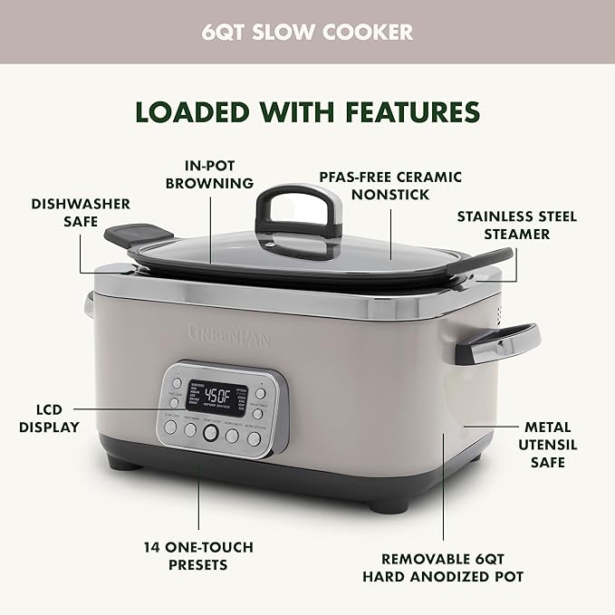 GreenPan Elite 14-in-1 Programmable 6QT Electric Slow Cooker, Dishwasher Safe Lid & Removable Crock, PFAS-Free Healthy Ceramic Nonstick Multi-Cooker, Sear, Sauté, Brown, Steam Basket, Roast, Clay