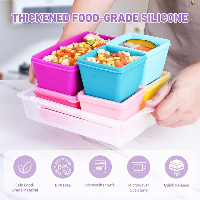 Gemice BPA-Free Silicone Freezer Molds with Base, Individual 6-Pack 1-Cup & 2-Cup Portion Soup Cubes Freezer Tray with Lids for Food Storage, Dishwasher Safe, Silicone Freezer Containers for Meal Prep