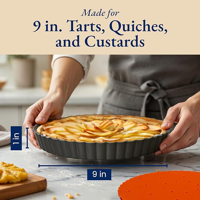 Classic All-in-One Tart Pan 9 Inch Removable Bottom Set with Patented Silicone Crust Shaper & Pie Weight - Quiche Baking Dish & Tart Molds for Baking Fruit Tarts, Pies & Quiches
