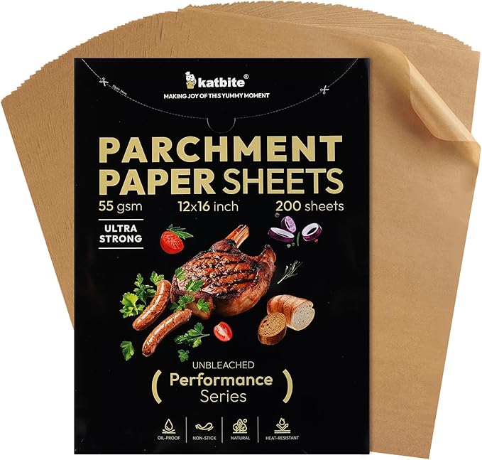 Katbite 200 Pcs Parchment Paper Sheets, 12x16IN Ultra-strong Unbleached Baking Paper Non-Stick for Professional Baking, Pre-cut Parchment Paper Suitable for Baking,Cooking [Performance Series]