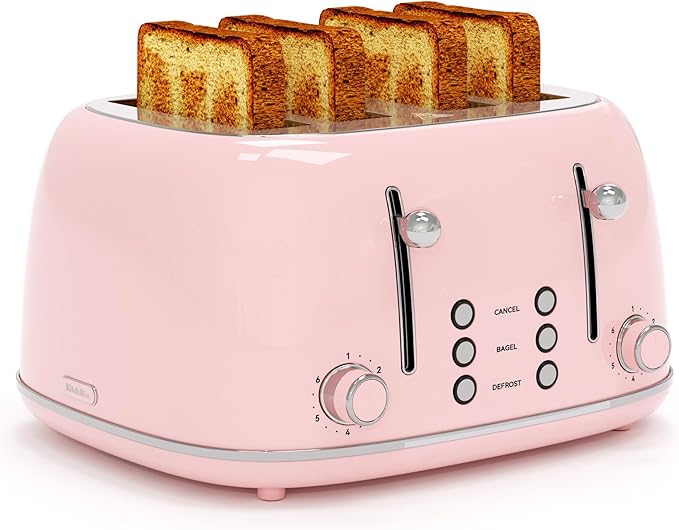 Toaster 4 Slice, Retro Stainless with 6 Bread Shade Settings,1.5''Wide Slots Toaster with Cancel/Defrost/Reheat Functions,Dual Independent Control Panel, Removal Crumb Tray (Pink)