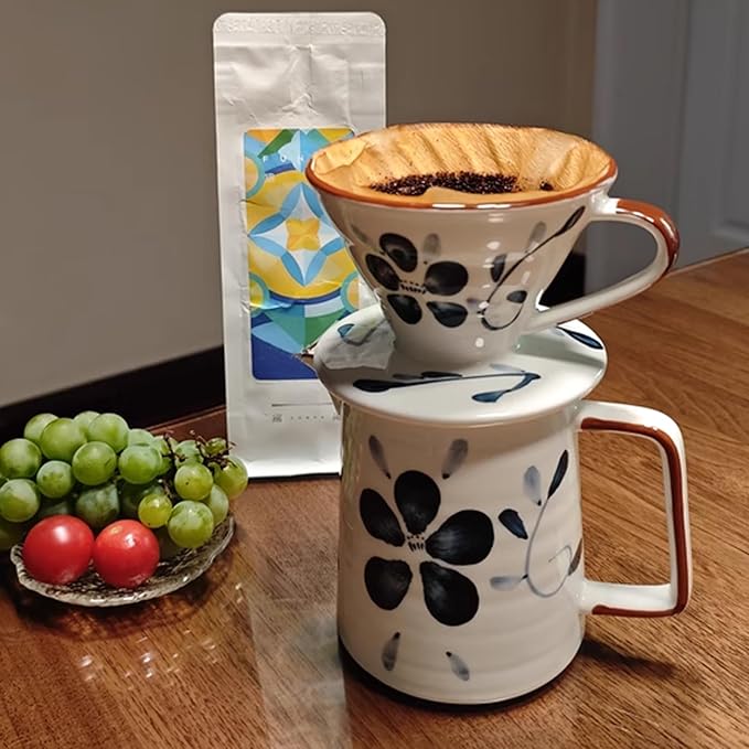 Ceramic Pour Over Coffee Maker Set, Ceramic Coffee Dripper with Single Hole, Coffee Pot & 100 Paper Filters for Home, Travel, Camping (1-4 Cup)