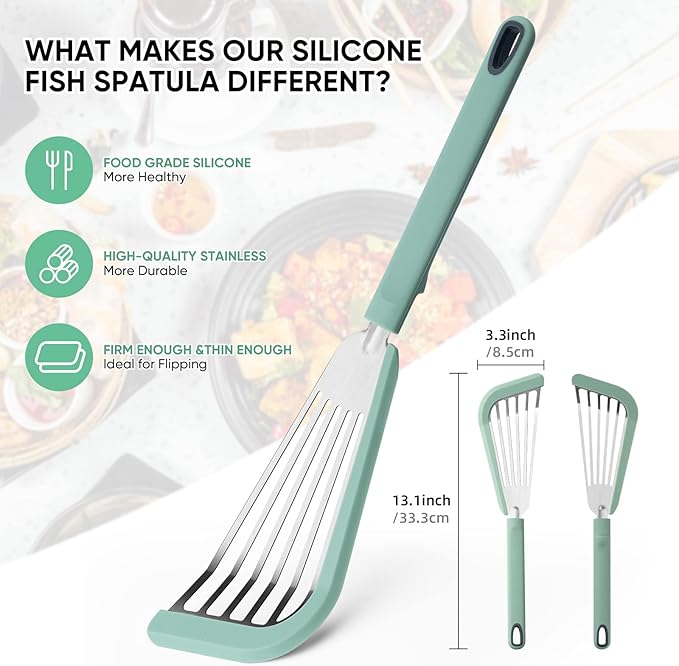 Nonstick Fish Spatula,Maywe Tanso Thin Slotted Spatulas Turner Silicone Fish Spatulas for Nonstick Cookware,High Heat Resistant BPA Free Cooking Utensils,Ideal for Fish,Eggs,Pancakes