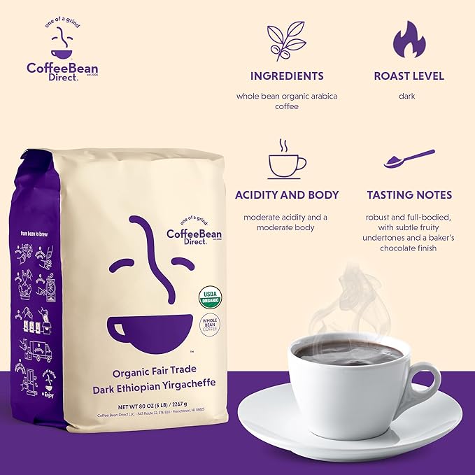 Coffee Bean Direct Organic Fair Trade Dark Ethiopian Yirgacheffe, Whole Bean Coffee, Arabica Coffee, Dark Roast, 5 Pound Bag (Pack of 1)