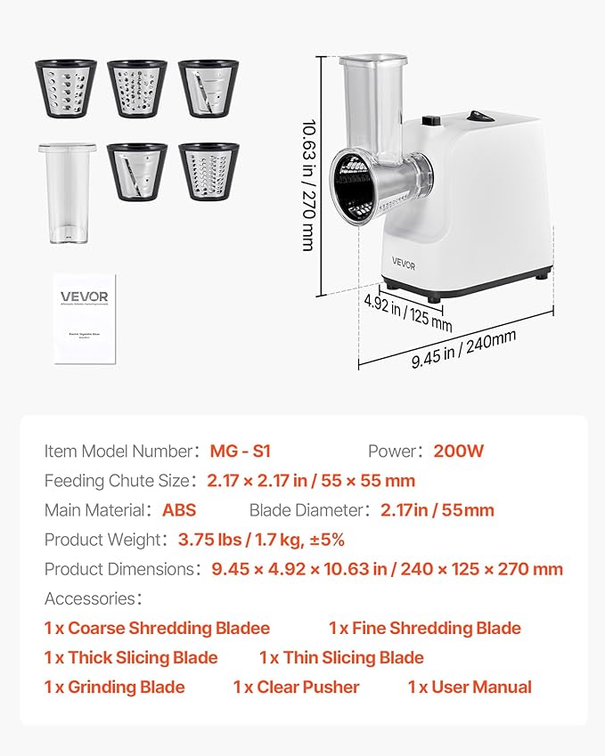 VEVOR Electric Cheese Grater Salad Maker, 200W Salad Shooter, Electric Vegetable Slicer Shredder Chopper for Fruits with 5 Attachments, Stainless Steel Food Cutter for Vegetables, and Cheeses