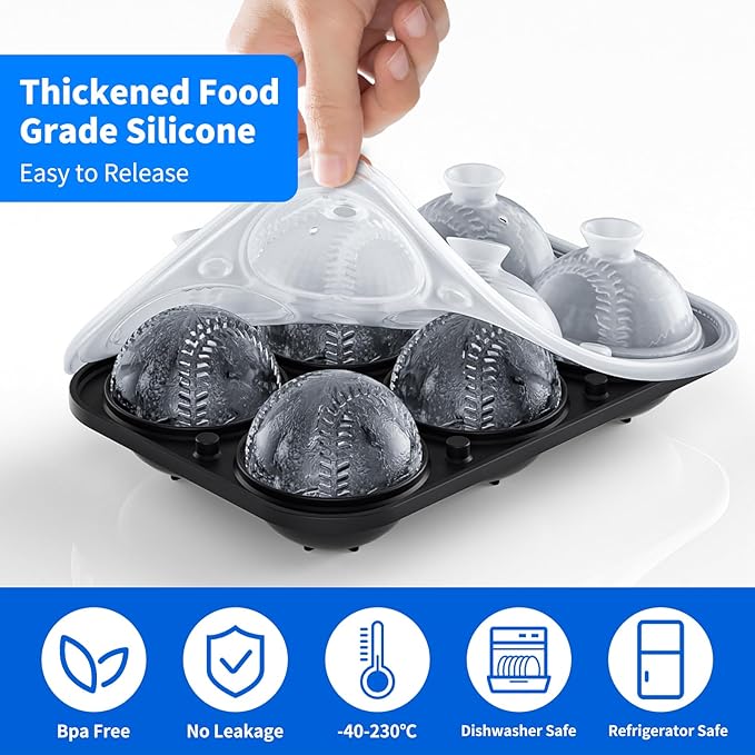 6 Chamber 2.2" 3D Baseball Gifts Ice Cube Tray With Funnel,Large Round Ice Ball Maker Mold Silicone Fun Shapes Bourbon Sphere Ice Molds,For Chilling Whiskey,Cocktails,Bourbon,Brandy and Beverages