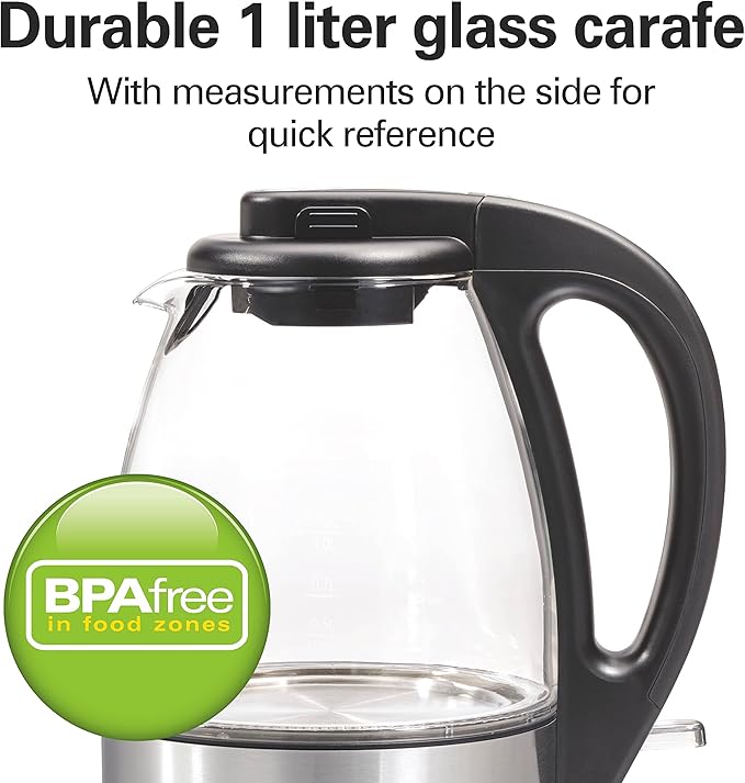 Hamilton Beach Glass Electric Tea Kettle, Water Boiler & Heater, 1 Liter, 1500 Watts for Fast Boiling, BPA Free, Cordless Serving, Auto-Shutoff & Boil-Dry Protection, Soft Blue LED (40930)