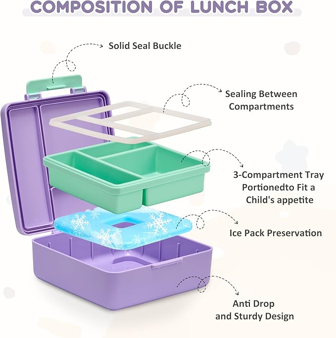 Lunch Box Set with Bento Box Container, 17OZ Stainless Steel Food Soup Thermo, Kids Water Bottle & Portable Insulated Lunch Bag, Leakproof, Hot/Cold Retention for School, Travel (Purple-Horse)