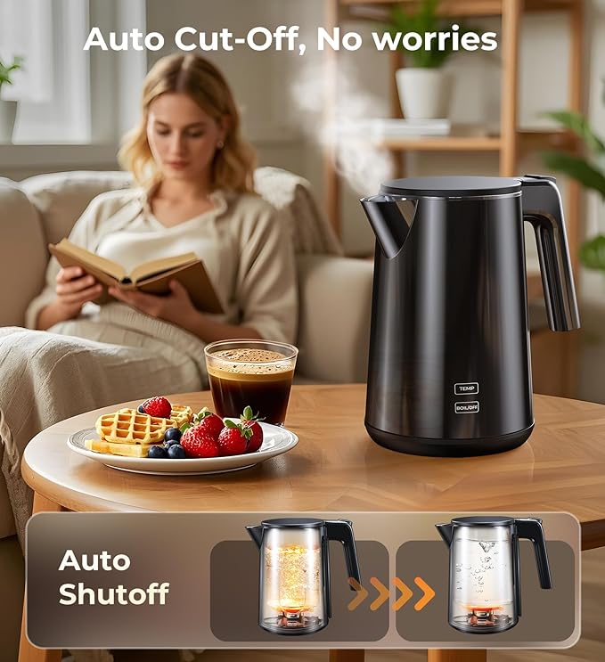 Electric Kettle 1.0L 1200W, 7 Temp Settings, 4H Keep-Warm, Fast-Boil Stainless Steel Electric Tea Kettle, 120V Water Boiler with Auto-Shut Off, Cool Touch PP Exterior for Home Office, Black