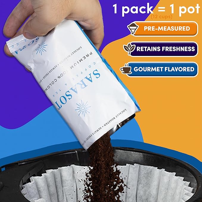 Sarasota Coffee Ground Packets | Gift Set Assorted Variety Sampler Packs | Medium, Colombian, & Dark Roast | Gourmet Low Acid Mold Free Individual Pouches for 12 Cup Coffee Maker | 2 Oz Bags, 36 Count
