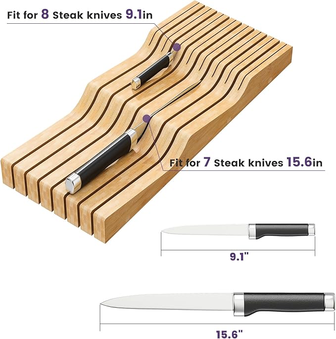 Bamboo In-Drawer Knife Block for 15 Knives(Not Included), Knife Drawer Organizer,Knife Holder Countertop,Block Knife Storage Organizer for Kitchen
