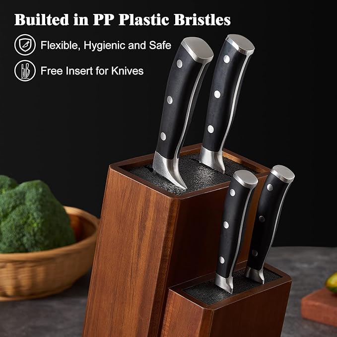 ENOKING Universal Knife Block without Knives, Acacia Wood Knife Holder/Knife Organizer with Removable Plastic Bristles for Kitchen Counter Knife Storage Rack