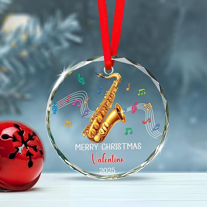Saxophone Player Christmas Glass Ornament 2025, Personalized Text & Name Saxophonist Christmas Keepsake, Instrument Musical Xmas Ornament Gift for Saxophone Lover, Customized Musician Glass Ornaments
