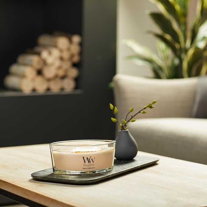 WoodWick Tonka & Almond Milk Gifts for Women and Men, 16 oz Ellipse Candle with Crackling Wick