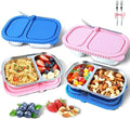 Stainless Steel Snack Containers with Silicone Lids - 2 Compartment Metal Bento Lunch Box, Leak-Proof Reusable Lunch Meal Prep Containers with 2 Forks for School, Office, Travel (Blue+Pink, 2 Pack)