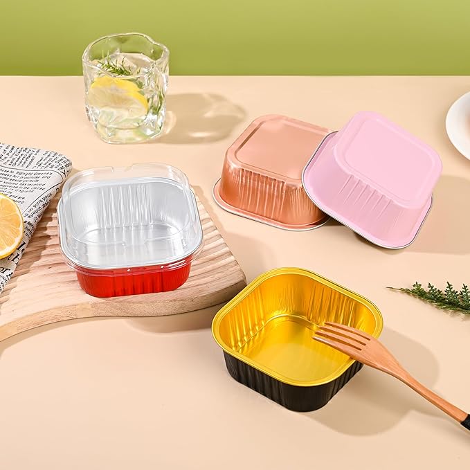 Mini Cake Pans With Lids (10oz,40 Pack) Aluminum Foil Square Cupcake Liners Brownie Baking Cups,Disposable 4”x4” Large Cupcake Pan,Jumbo Muffin Tin Ramekins Holders