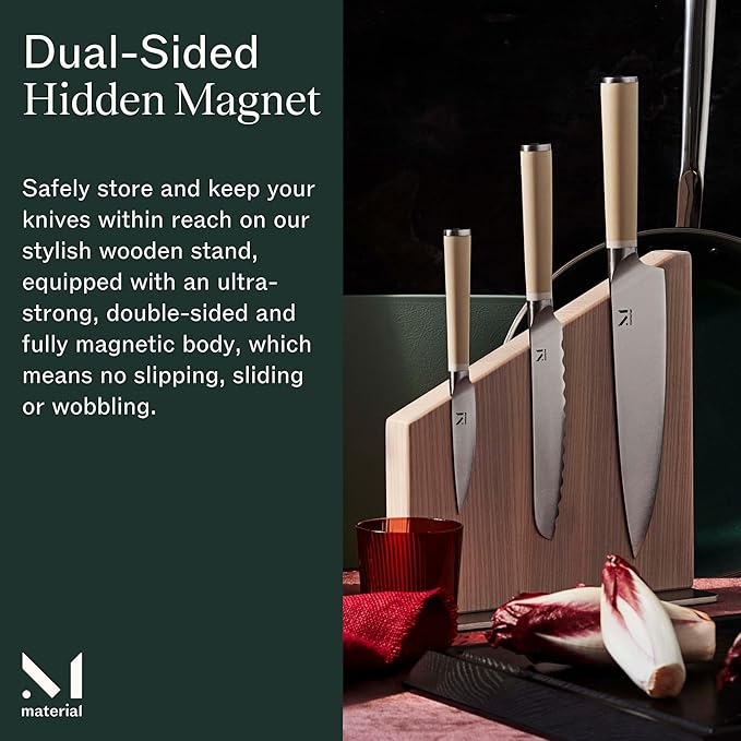 Material Knife Stand, Magnetic Wood Modern Knife Block for Safe Storage and Display of Knife Sets, Large Capacity for 10 knives, White Ash