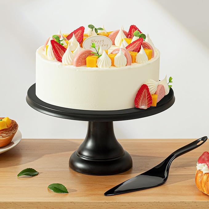 JOYMAY 9.6 Inch Bamboo Fiber Cake Stand, Round Cake Holder, Cake Plate with Detachable Base, Dessert Table Display Set, Cake Decorating for Birthday Party Baking Gifts for 6inch, 8inch Cakes (Black)