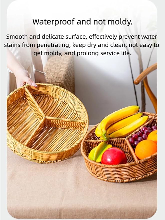 hand-woven round rattan basket storage basket storage box ornaments decorative basket multifunctional picnic food bread basket fruit gift basket key basket. (Circular trident)