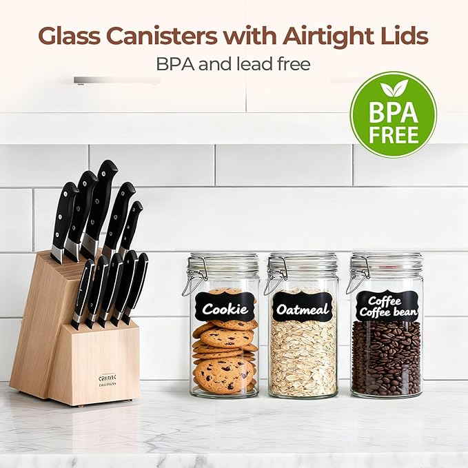 ComSaf Glass Jars with Airtight Lid Set of 3, Mason Jars 32 oz, Pickling Jar, Canning Jar 32oz, 32 oz Glass Containers with Lids for Kitchen, Pickle, Flour, Cereal, Pasta, Sugar, Herb