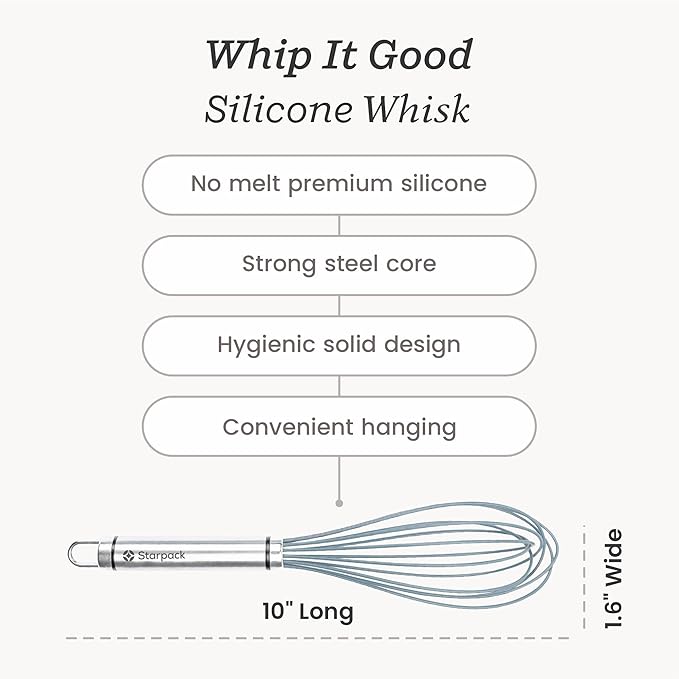 Starpack 'Whip it Good' Silicone Whisk for Nonstick Cookware - Non Scratch Whisk Heat Resistant 600°F - Kitchen Whisks for Cooking, Baking & Stirring - Silicone Coated Durable Rubber Egg Whisks