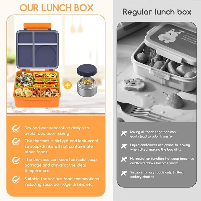 Bento Box for Kids - Leak-Proof Bento Lunch Box with Insulated Thermos Food Jar - 4 Compartments, 1 Removable Divider, 1Spoon, 1 Fork - Dishwasher Safe, BPA-Free (Navy blue)